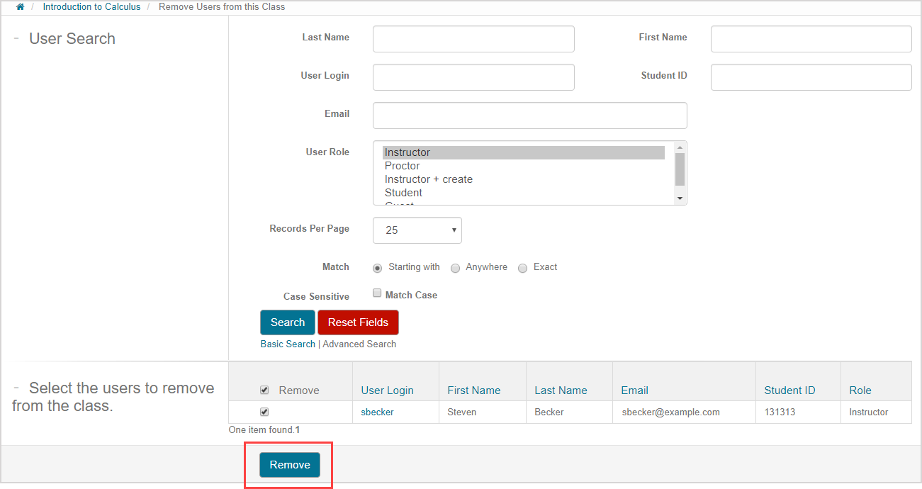 The Remove button is located below the table of search results.